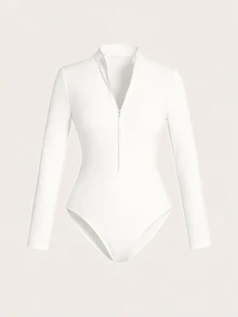 EMERY ROSE Women's Casual Solid Color Zipper Long Sleeve Bodysuit - White - View 4