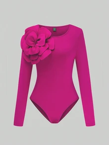 EMERY ROSE Standard Size Women's Scoop Neck Cinched Waist Floral Decor Elegant Fitted Bodysuit - Hot Pink - View 3