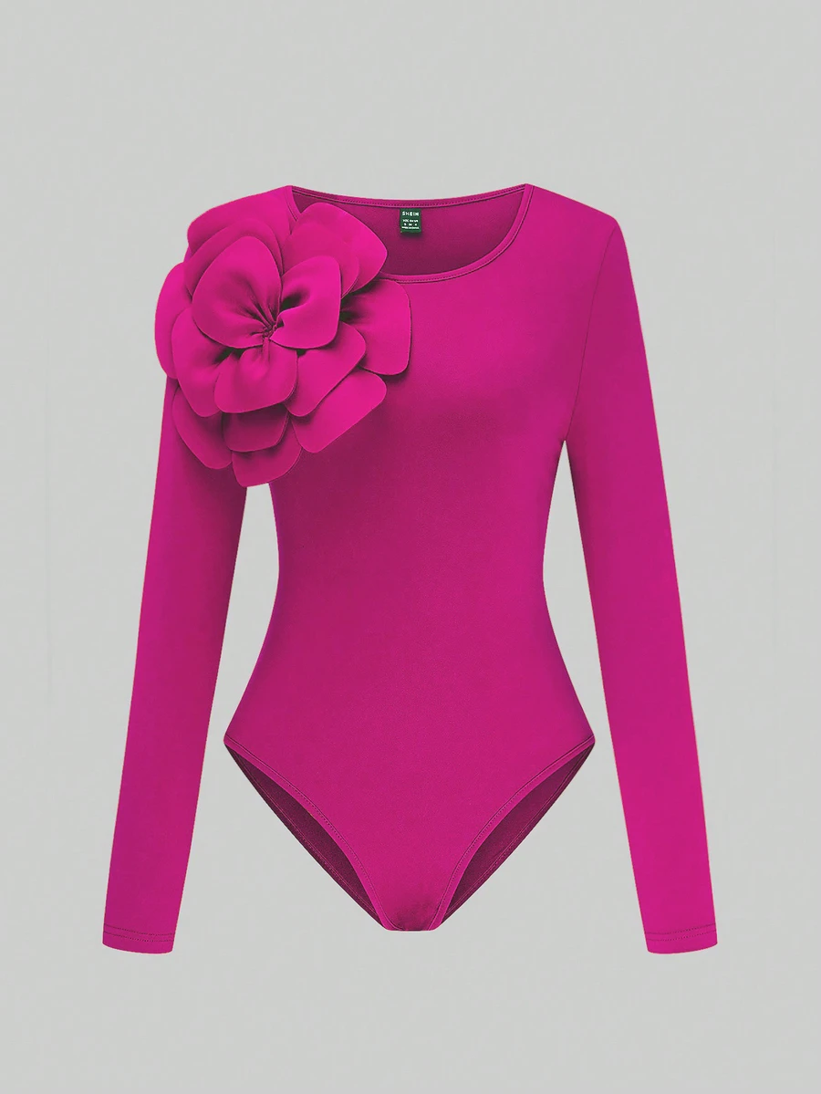 EMERY ROSE Standard Size Women's Scoop Neck Cinched Waist Floral Decor Elegant Fitted Bodysuit - Hot Pink - View 1