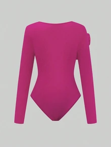 EMERY ROSE Standard Size Women's Scoop Neck Cinched Waist Floral Decor Elegant Fitted Bodysuit - Hot Pink - View 2