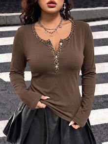 Muchica Plus Size Casual Brown Half-Button Leopard Print Patchwork Neck Long Sleeve T-Shirt, Autumn Fall Winter,Y2K,American Vintage,Going Out - Multicolor - View 1