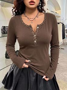 Muchica Plus Size Casual Brown Half-Button Leopard Print Patchwork Neck Long Sleeve T-Shirt, Autumn Fall Winter,Y2K,American Vintage,Going Out - Multicolor - View 6