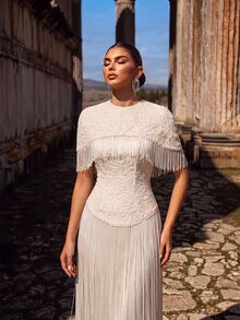 Aureia Elegant Formal White Mesh Fabric Pleats, Handmade Pearl Rhinestone Decorated Stand Collar, Long Sleeve A-Line Evening Gown Christmas Prom Party Fall - Apricot - View 2