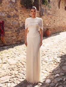 Aureia Elegant Formal White Mesh Fabric Pleats, Handmade Pearl Rhinestone Decorated Stand Collar, Long Sleeve A-Line Evening Gown Christmas Prom Party Fall - Apricot - View 5