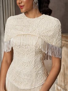 Aureia Elegant Formal White Mesh Fabric Pleats, Handmade Pearl Rhinestone Decorated Stand Collar, Long Sleeve A-Line Evening Gown Christmas Prom Party Fall - Apricot - View 4