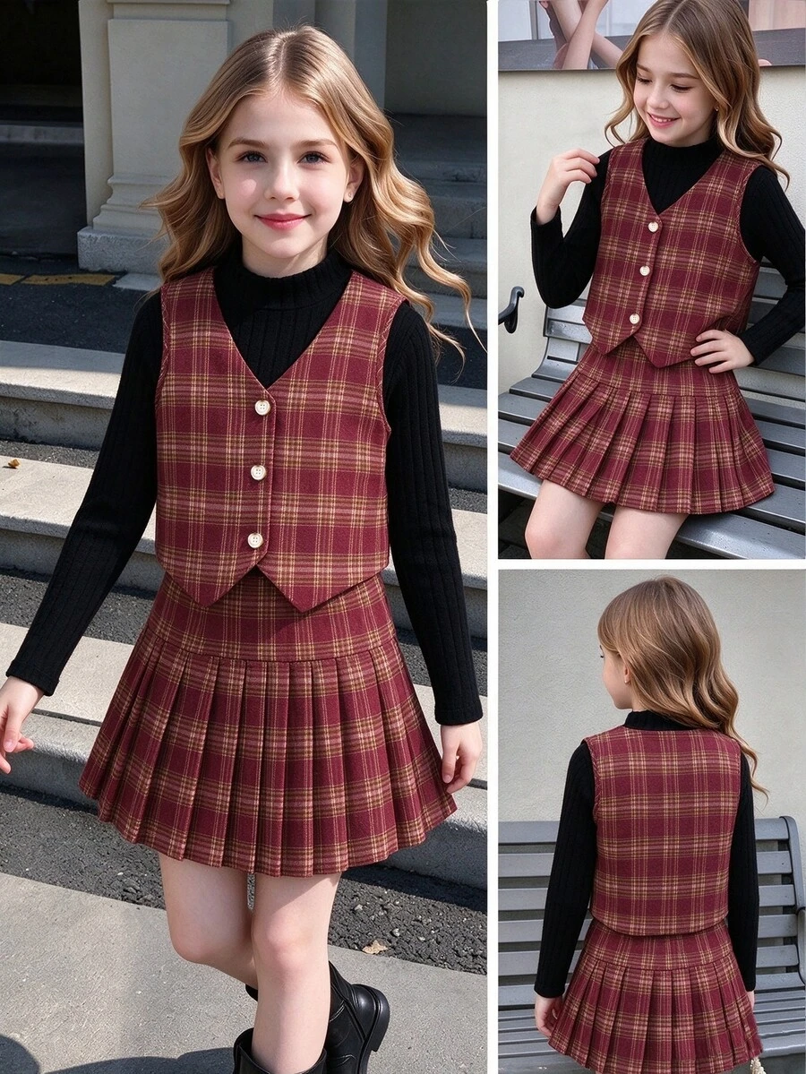 SHEIN Tween Girls 3pcs Set: Sleeveless Button-Up PU Vest, High Neck Wide Ribbed Long Sleeve T-Shirt, Brown PU Skirt With Belt, Thermal Lined Thickened, - Multicolor - View 1