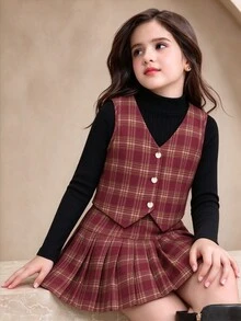 SHEIN 女款復古休閒 80 年代紅色格紋 3 件套，高領羅紋黑色針織內搭 + 格紋 V 領背心 + 百褶迷你裙，校園度假秋季風 - 彩色 - 查看 1
