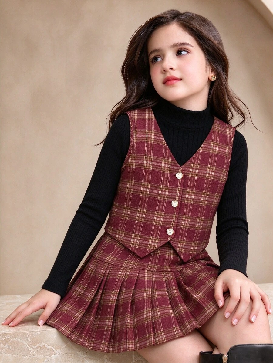 SHEIN 女款復古休閒 80 年代紅色格紋 3 件套，高領羅紋黑色針織內搭 + 格紋 V 領背心 + 百褶迷你裙，校園度假秋季風 - 彩色 - 查看 1