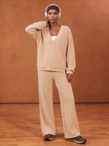 Zivah Women's Apricot Casual Modest Athleisure Sweater Knit 3 Pieces Set With Sweatshirt, Sports Bra And Pants For Gym, Workout And Yoga, Fall Winter - Apricot - View 8