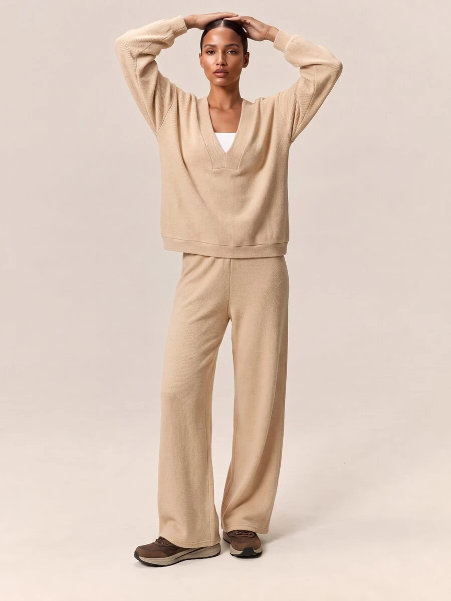 Zivah Women's Apricot Casual Modest Athleisure Sweater Knit 3 Pieces Set With Sweatshirt, Sports Bra And Pants For Gym, Workout And Yoga, Fall Winter - Apricot - View 1