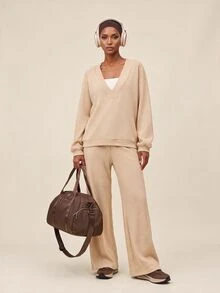Zivah Women's Apricot Casual Modest Athleisure Sweater Knit 3 Pieces Set With Sweatshirt, Sports Bra And Pants For Gym, Workout And Yoga, Fall Winter - Apricot - View 4