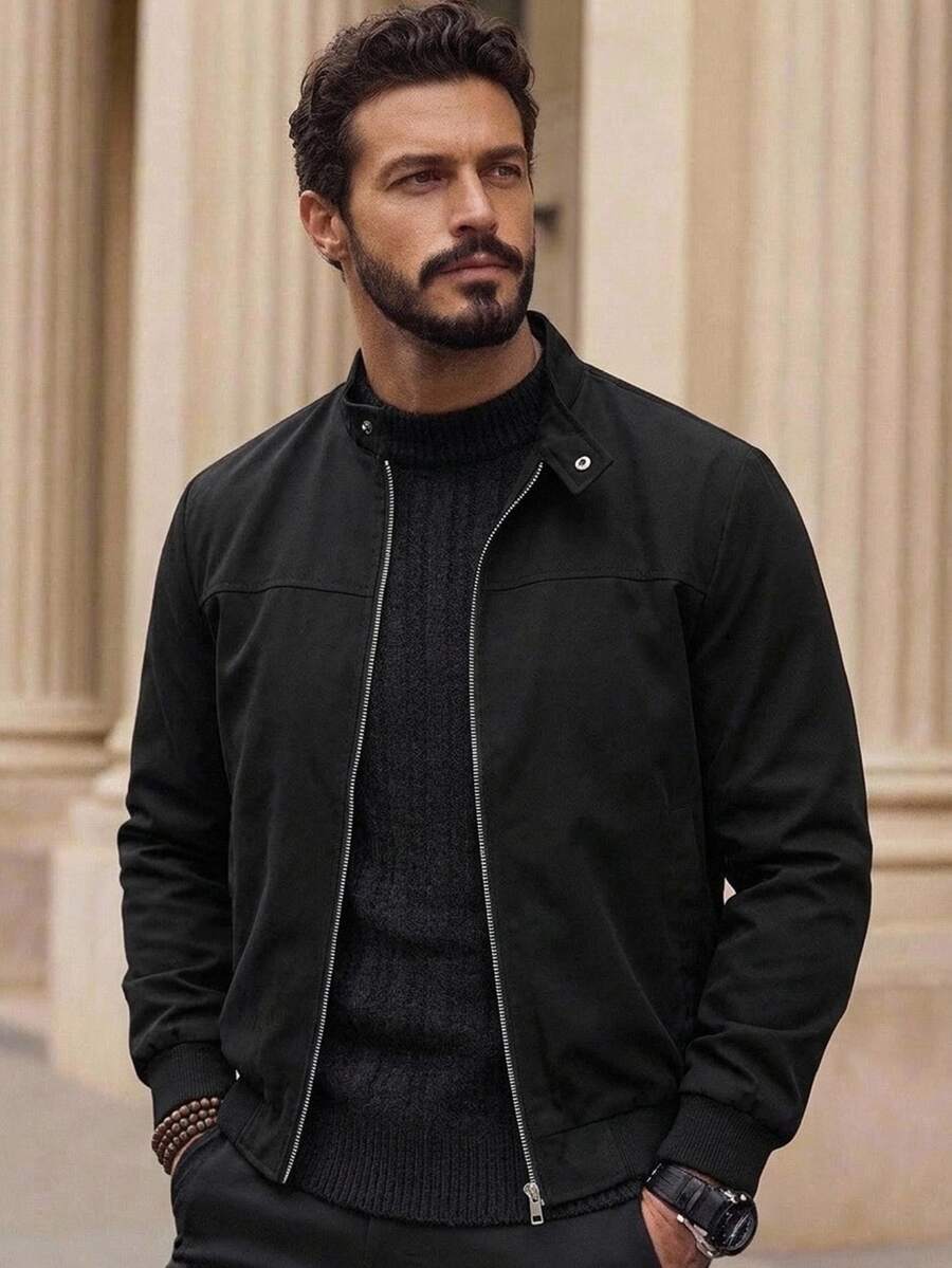 HIMLAND Men's Solid Color Long Sleeve Zip-Up Casual Jacket - Black - View 1