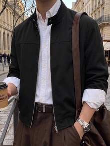 HIMLAND Men's Solid Color Long Sleeve Zip-Up Casual Jacket - Black - View 1