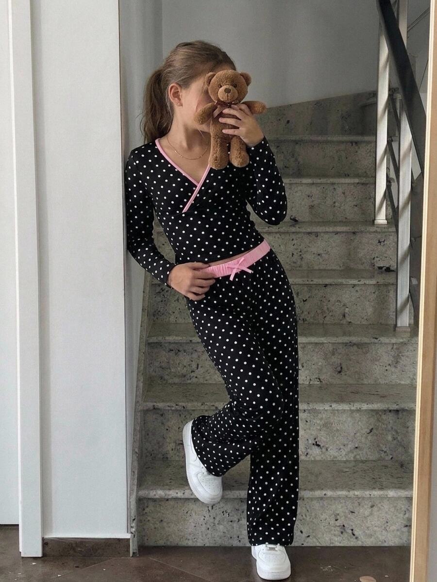 Tween Girl Polka Dot V-Neck Criss-Cross Long Sleeve Contrast Color Polka Dot Pants, Autumn/Winter - Black and White - View 1