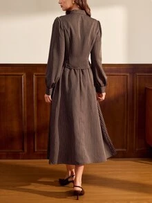 Vintamour Women's Striped Long Sleeve Top And Skirt Casual Suit Set - Coffee Brown - View 6