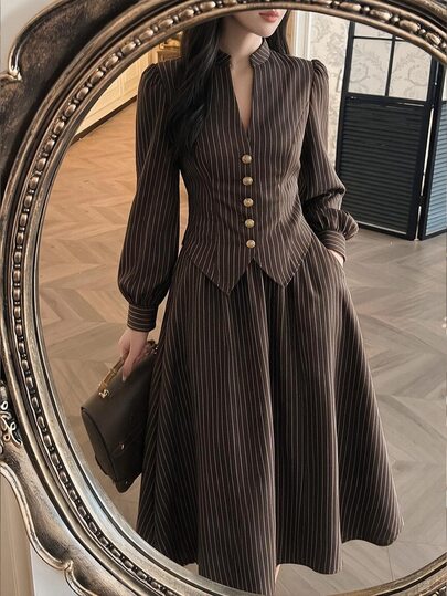 Vintamour Women's Striped Long Sleeve Top And Skirt Casual Suit Set