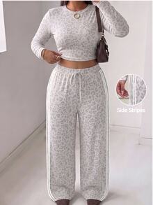 Muchica Plus Size Women Leopard Print Long Sleeve Top And Pants Casual Baggy Daily Homewear 2 Pieces Set Lounge Travel White Fall - Multicolor - View 4