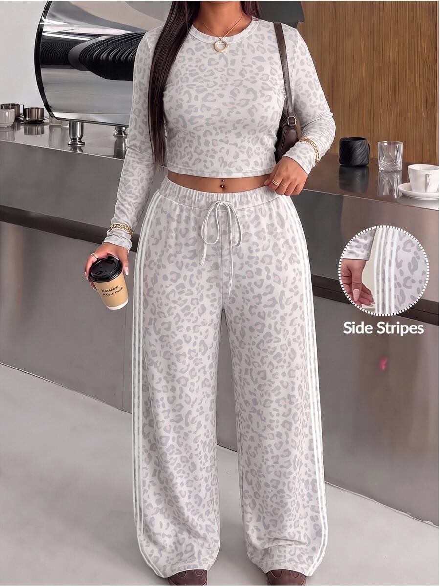 Muchica Plus Size Women Leopard Print Long Sleeve Top And Pants Casual Baggy Daily Homewear 2 Pieces Set Lounge Travel White Fall