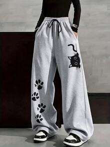 SHEIN 青少年女孩寬腿寬鬆灰色運動長褲 秋季返校款 1件裝 - 淺灰色 - 查看 1