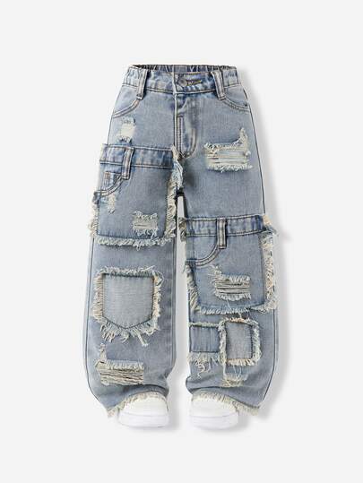 Denimly 青少女拼接刺繡破洞牛仔直筒褲，休閒時尚校園穿搭，淺洗水藍色，嬰兒藍夏季款