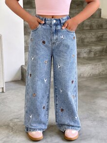 SHEIN Explorewe 女童百搭時尚休閒牛仔西部風藍色直筒牛仔褲 秋季 - 中等水洗藍 - 查看 5