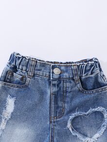 女嬰牛仔直筒牛仔褲，漸層水洗色，甜美休閒酷感，愛心補丁刺繡，手工切割破洞，秋季藍 - 淺色水洗藍 - 查看 4
