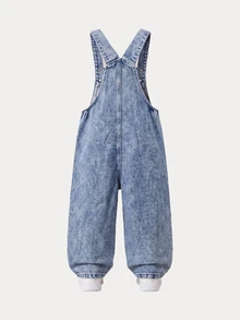 SHEIN 女童牛仔吊帶褲，全新四季款，可愛俏皮設計，復古牛仔女孩風格，淺藍紫色白色雛菊刺繡，直筒褲腿秋季款 - 淺色水洗藍 - 查看 3