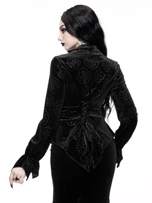 ROMWE Court Gothic Ruffle Trim Asymmetrical Hem Lantern Sleeve Fitted Velvet Blouse - Black - View 6