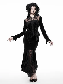 ROMWE Court Gothic Ruffle Trim Asymmetrical Hem Lantern Sleeve Fitted Velvet Blouse - Black - View 1