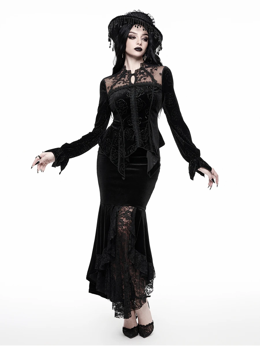 ROMWE Court Gothic Ruffle Trim Asymmetrical Hem Lantern Sleeve Fitted Velvet Blouse - Black - View 1