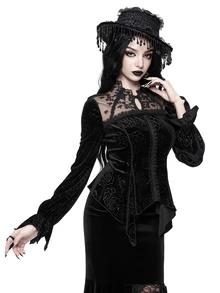 ROMWE Court Gothic Ruffle Trim Asymmetrical Hem Lantern Sleeve Fitted Velvet Blouse - Black - View 4