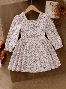 SHEIN 女童 1件裝 秋季 BialaSuknia 沙灘生日套裝，方領長袖粉色印花，3D可拆卸蝴蝶結牛仔女孩洋裝 - 彩色 - 查看 8