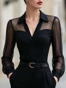 SHEIN Women's Fall Top With Lapel V-Neck, Elastic Knit Fabric Mesh Panel Design, All-Match H-Line Fit, Night Out, Sexy Elegant, Black New Year - Black - View 5
