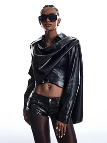 LYSMO Women's Pleated Cropped Sexy Street PU Material Jacket Halloween Night Black - Black - View 9