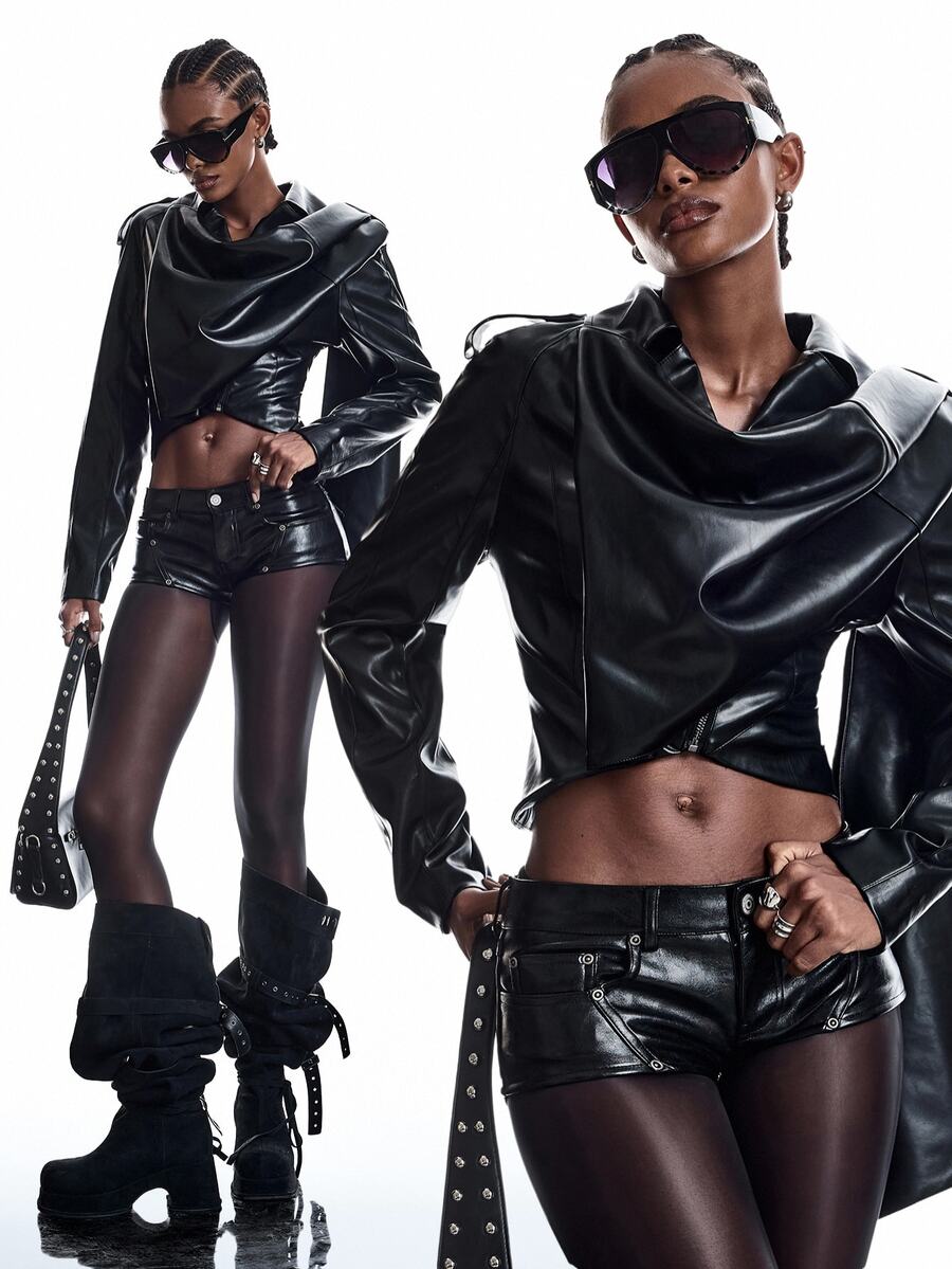 LYSMO Women's Pleated Cropped Sexy Street PU Material Jacket Halloween Night Black - Black - View 1