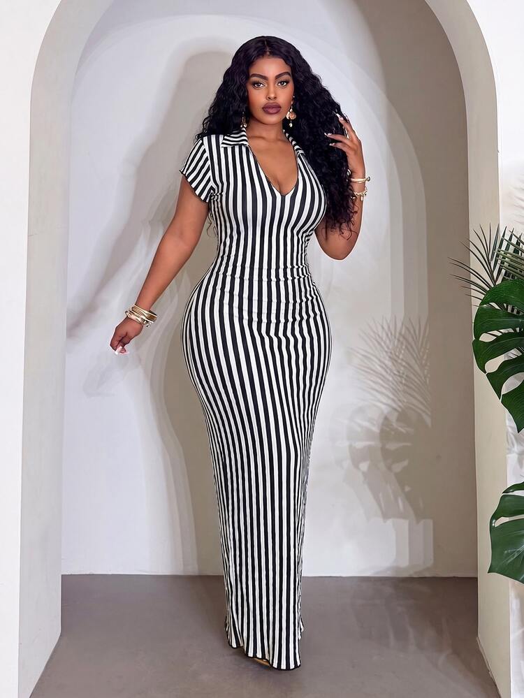Veslaya Plus Size Black And White Print Fitted Elegant Sexy Baggy Casual Short Sleeve Dress, Summer Brunch Bussines Evening Vacation Travel - Black and White - View 5
