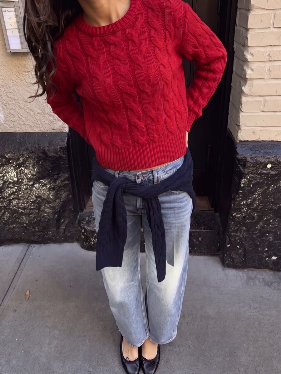 Mori Grove Mori Grove Women's Red Textured Knit Pullover Sweater, Crew Neck, Christmas Vibe, Daily Commute, Autumn/Winter - Red - View 1
