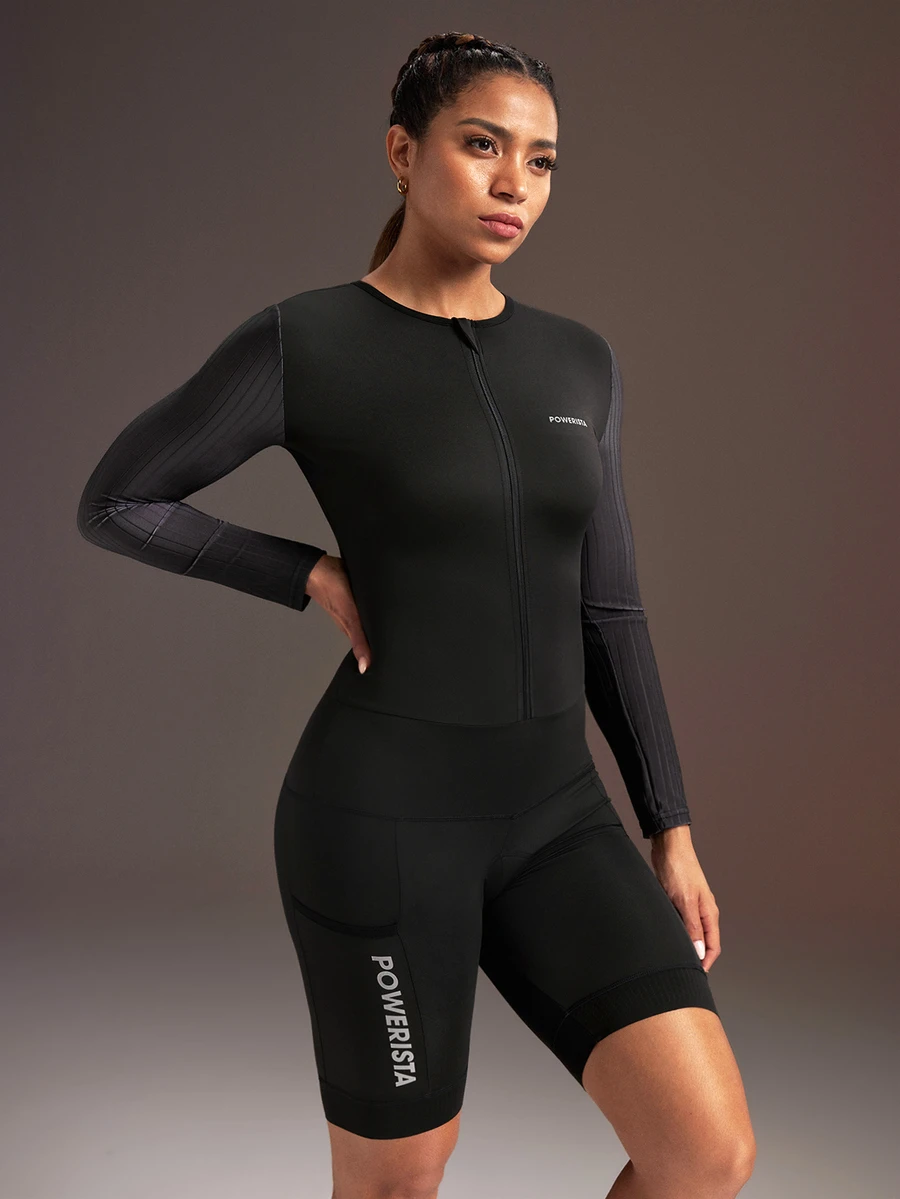 Powerista Women's Black Letter Print Long Sleeve Zip Front Cycling Romper Jumpsuit Cycling Jersey For Bike Riding Road Cycling Outdoor Breathable Reflective - Black - View 1