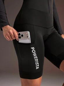 Powerista Women's Black Letter Print Long Sleeve Zip Front Cycling Romper Jumpsuit Cycling Jersey For Bike Riding Road Cycling Outdoor Breathable Reflective - Black - View 5