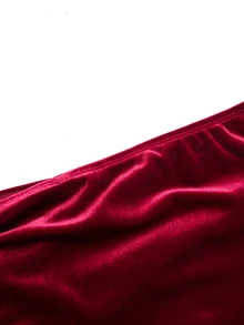 SHEIN فستان صوف بلون موحد أنيق باللون البرغندي المخملي للمراهقات في الخريف/الشتاء، بكتف غير متماثل وزخرفة معدنية غير متماثلة وتصميم مرقع مع تنورة كاملة مجعدة - عنابي اللون - مشاهدة 4