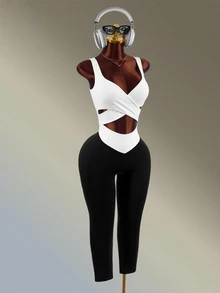 Amplova Women's Colorblock Casual Daily Outdoor Sports Jumpsuit Sexy Elegant Spring Autumn Black And White Backless Yoga Gym Workout Fitness Pilates Cropped - Black and White - View 2