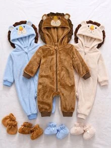 SHEIN Newborn Baby Girl Boy Cartoon Lion Pattern Thermal Lined Thick Hooded Zip-Up Long Sleeve One-Piece Winter Pants, Versatile And Comfortable - Coffee Brown - View 3