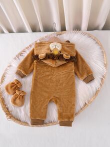 SHEIN Newborn Baby Girl Boy Cartoon Lion Pattern Thermal Lined Thick Hooded Zip-Up Long Sleeve One-Piece Winter Pants, Versatile And Comfortable - Coffee Brown - View 2