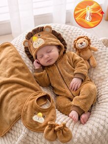 SHEIN Newborn Baby Girl Boy Cartoon Lion Pattern Thermal Lined Thick Hooded Zip-Up Long Sleeve One-Piece Winter Pants, Versatile And Comfortable - Coffee Brown - View 5