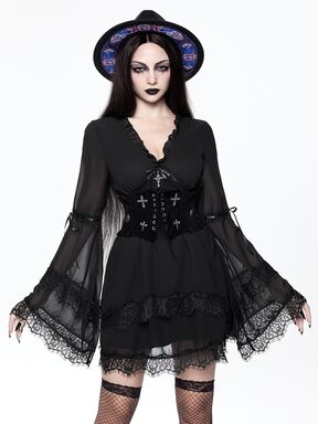 Dark Gothic Halloween Chiffon Contrast Lace Trim Cross Pendant A-Line Flare Sleeve Dress