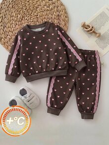 SHEIN Newborn Baby Girl Casual Comfortable Cute Polka Dot Brown Sweatshirt & Pants 2-Piece Set - Brown - View 5