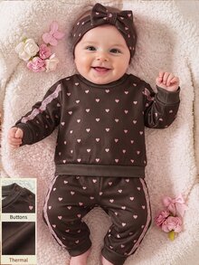 SHEIN Newborn Baby Girl Casual Comfortable Cute Polka Dot Brown Sweatshirt & Pants 2-Piece Set - Brown - View 1