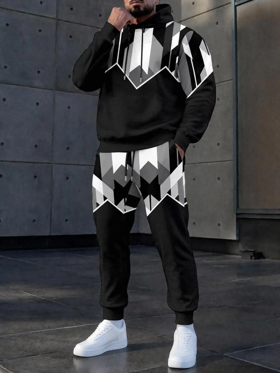 HypeHours 男士拼色連帽衛衣與長褲休閒日常穿搭套裝 - 黑色 - 查看 1