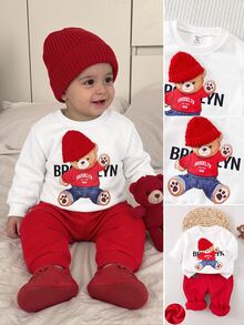 SHEIN Baby Boys Sweatshirt & Sweatshirt Co-Ords Cartoon Bear Pullover Bear Print 3D Hat Suitable For Wearing At Christmas - Red - View 6