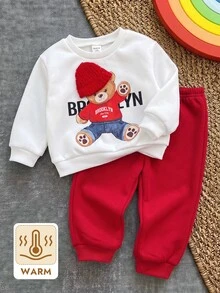 SHEIN Baby Boys Sweatshirt & Sweatshirt Co-Ords Cartoon Bear Pullover Bear Print 3D Hat Suitable For Wearing At Christmas - Red - View 10